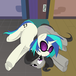 Size: 5000x5000 | Tagged: safe, artist:lillslim, dj pon-3, octavia melody, vinyl scratch, earth pony, pony, unicorn, g4, absurd resolution, door, duo, duo female, female, floor, glasses, hallway, horn, indoors, lesbian, lying down, lying on top of someone, mare, on side, ship:scratchtavia, shipping, smiling, underhoof, vinyl and octavia's home