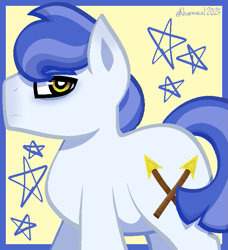 Size: 667x730 | Tagged: safe, artist:kharmacal, earth pony, pony, 2025, bags under eyes, blue hair, colored lineart, male, not an oc, passepartout, royal guard, shading, side view, sidemouth, solo, stallion, stars, two toned hair, yellow eyes