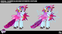 Size: 2497x1367 | Tagged: safe, lil critter workshop, odessa evensong, cyborg, cyborg pony, earth pony, pony, g5, my little pony: tell your tale, official, the petal gala, leak, alternate hairstyle, clothes, concave belly, concept art, dress, female, flower, flower in hair, freckles, futuristic, heart freckles, hoof polish, jewelry, long legs, looking at you, mare, my little pony logo, petals, slender, smiling, smiling at you, tall, thin