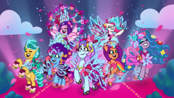 Size: 2400x1350 | Tagged: safe, artist:shad0w-galaxy, hitch trailblazer, izzy moonbow, misty brightdawn, odessa evensong, pipp petals, sparky sparkeroni, sunny starscout, zipp storm, dragon, earth pony, pegasus, pony, unicorn, g5, my little pony: tell your tale, the petal gala, spoiler:g5, spoiler:my little pony: tell your tale, alternate hairstyle, carpet, clothes, cloud, concept art, dress, eyes closed, female, flower, flower in hair, flying, freckles, heart freckles, hoof polish, horn, male, mare, night, open mouth, outdoors, petals, red carpet, scene interpretation, show accurate, smiling, stallion, starry sky, stars, style emulation