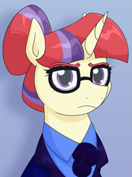 Size: 1539x2074 | Tagged: safe, artist:moonatik, moondancer, pony, unicorn, g4, alternate hairstyle, bust, clothes, cravat, female, glasses, hair bun, horn, mare, portrait, solo, suit