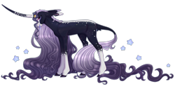 Size: 4844x2461 | Tagged: safe, artist:sleepy-nova, oc, oc only, oc:luzifer, unicorn, adult blank flank, art trade, black coat, black eyeshadow, black sclera, blank flank, blaze (coat marking), cloven hooves, coat markings, colored eartips, colored eyebrows, colored hooves, colored pinnae, crying, curved horn, dorsal stripe, eyebrows, eyebrows visible through hair, eyelashes, eyeshadow, facial markings, female, floppy ears, frown, gradient horn, gradient legs, gradient mane, gradient tail, hooves, horn, horn jewelry, horn markings, horn ring, impossibly large horn, impossibly long mane, impossibly long tail, jewelry, leg markings, leonine tail, lidded eyes, long ears, long horn, long mane, makeup, mare, mealy mouth (coat marking), outline, profile, purple hooves, purple mane, purple tail, ring, shiny hooves, shiny mane, shiny tail, simple background, socks (coat markings), solo, sparkles, sparkly mane, sparkly tail, speckled, spots, stars, tail, tail fluff, tall ears, transparent background, unicorn horn, unicorn oc, wavy mane, wavy tail, white pupils