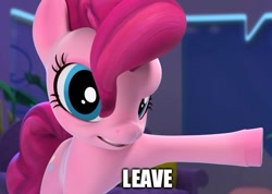 Size: 607x433 | Tagged: safe, pinkie pie, earth pony, pony, g4, hello pinkie pie, caption, image macro, impact font, meme, pointing, reaction image, solo, text