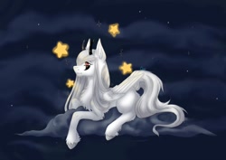 Size: 1280x905 | Tagged: oc name needed, safe, artist:cayo, oc, oc only, pegasus, butt, butt focus, chest fluff, cloud, demon horns, ear fluff, facial markings, female, folded wings, horns, leg fluff, lying down, lying on a cloud, mare, night, night sky, on a cloud, pegasus oc, red eyes, sky, smiling, solo, stars, unshorn fetlocks, white fur, white mane, wings