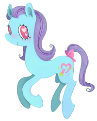 Size: 1626x2029 | Tagged: safe, artist:ratkid-kelp, kiss 'n make-up, earth pony, pony, g1, blushing, bow, closed mouth, cute, cyan coat, diamakeups, eyelashes, female, full body, heart, heart eyes, looking at you, mare, pink bow, purple mane, purple tail, red eyes, requested art, simple background, smiling, smiling at you, solo, tail, tail bow, three quarter view, white background, wingding eyes