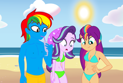 Size: 5249x3554 | Tagged: safe, artist:shieldwingarmorofgod, starlight glimmer, sunny starscout, oc, oc:shield wing, human, equestria girls, g4, g5, beach, beanie, belly, belly button, bikini, bra, clothes, cloud, drink, drinking, female, g5 to g4, generation leap, hat, male, mane stripe sunny, ocean, outdoors, sand, sun, swimming trunks, swimsuit, trio, underwear, water