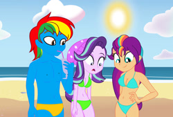 Size: 1086x736 | Tagged: safe, artist:shieldwingarmorofgod, starlight glimmer, sunny starscout, oc, oc:shield wing, human, equestria girls, g4, g5, beach, beanie, belly, belly button, bikini, bra, clothes, drink, equestria girls-ified, female, g5 to equestria girls, g5 to g4, generation leap, hat, height difference, male, mane stripe sunny, ocean, outdoors, physique difference, round belly, sand, slender, speedo, swimsuit, thin, trio, underwear, water