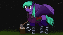 Size: 7680x4320 | Tagged: safe, artist:fanatviski, oc, oc only, oc:felicia swiftwind, pegasus, pony, axe, boots, clothes, ear fluff, female, grass, headphones, mare, night, orange eyes, outdoors, pegasus oc, raised hoof, shoes, socks, solo, spread wings, standing, striped socks, tail, weapon, wings