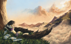 Size: 1680x1050 | Tagged: safe, artist:moe, edit, editor:octavain, octavia melody, earth pony, pony, g4, 2011, bowtie, cloud, eyes closed, female, mountain, old art, outdoors, scenery, scenery porn, sheet music, signature, solo