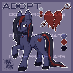 Size: 1900x1900 | Tagged: safe, artist:dogs-from-mars, oc, oc only, earth pony, pony, adoptable, black and red mane, black hooves, collar, ear piercing, earring, for sale, heart, jewelry, long mane, piercing, purple, red eyes, solo