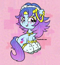 Size: 1828x2000 | Tagged: safe, artist:amynewblue, odessa evensong, cyborg, cyborg pony, earth pony, pony, g5, my little pony: tell your tale, the petal gala, leak, adversarial noise, clothes, colored, cute, eyeshadow, female, jewelry, leg warmers, makeup, mare, necklace, odessabetes, open mouth, open smile, sitting, smiling, solo, turned head