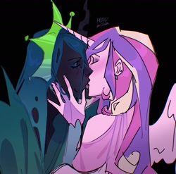 Size: 1672x1652 | Tagged: safe, artist:peachmichea, princess cadance, queen chrysalis, human, g4, black background, black skin, duo, duo female, eyes closed, female, hand on face, humanized, infidelity, kiss on the lips, kissing, lesbian, pink skin, ship:cadalis, shipping, simple background