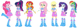 Size: 1280x472 | Tagged: safe, artist:noahishere18, applejack, fluttershy, pinkie pie, rainbow dash, rarity, sci-twi, sunset shimmer, twilight sparkle, human, equestria girls, g4, clothes swap, female, humane five, humane seven, humane six, simple background, white background