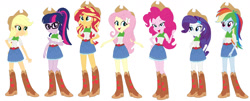 Size: 1280x517 | Tagged: safe, artist:noahishere18, applejack, fluttershy, pinkie pie, rainbow dash, rarity, sci-twi, sunset shimmer, twilight sparkle, human, equestria girls, g4, belt, belt buckle, boots, clothes, clothes swap, cowboy boots, cowboy hat, cowgirl, cowgirl outfit, denim, denim skirt, female, hat, humane five, humane seven, humane six, shoes, simple background, skirt, stetson, white background