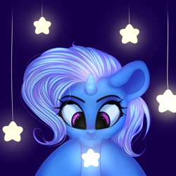 Size: 2000x2000 | Tagged: safe, artist:evildraw, derpibooru exclusive, trixie, pony, unicorn, g4, bust, cute, diatrixes, digital art, female, glowing, glowing horn, horn, magic, mare, portrait, simple background, smiling, solo, stars