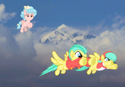 Size: 1563x1080 | Tagged: safe, artist:sollace, artist:starryshineviolet, edit, vector edit, barley barrel, cozy glow, pickle barrel, pegasus, pony, g4, barrel twins, beret, bow, brother and sister, clothes, cloud, colt, female, filly, flying, foal, hair bow, hat, hoodie, irl, looking at someone, male, mount everest, mountain, outdoors, photo, ponies in real life, shirt, siblings, sky, spread wings, tail, tail bow, trio, trio female and male, twins, vector, wings