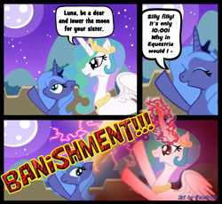 Size: 1250x1150 | Tagged: safe, alternate version, artist:slitherpon, princess celestia, princess luna, alicorn, pony, g4, comic, crying, duo, female, full moon, implied banishment, jewelry, magic, magic aura, mare, moon, night, outdoors, peytral, raised hoof, raising the moon, red eyes, red eyes take warning, regalia, royal sisters, s1 luna, siblings, sisters, speech bubble, swanlestia, threat, tiara, to the moon