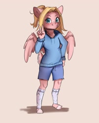 Size: 2769x3420 | Tagged: safe, artist:miokomata, oc, oc only, oc:mio, pegasus, anthro, plantigrade anthro, beige background, clothes, female, freckles, hoodie, hoof feet, leg warmers, looking at you, mare, peace sign, shorts, simple background, smiling, smiling at you, solo, wing freckles, wings