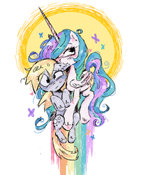 Size: 862x1051 | Tagged: safe, artist:bananamewmew, derpy hooves, princess celestia, alicorn, pegasus, pony, g4, :3, biting, duo, ear bite, female, holding a pony, lesbian, missing accessory, nervous sweat, rainbow, ship:derpylestia, shipping, sun, unshorn fetlocks, unsure