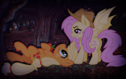 Size: 2183x1382 | Tagged: safe, artist:catponything, applejack, fluttershy, bat pony, earth pony, g4, accessory swap, apple, bat ponified, bat wings, blushing, duo, duo female, fangs, female, flutterbat, food, hatless, lesbian, looking at each other, looking at someone, lying down, mare, missing accessory, night, on back, outdoors, race swap, ship:appleshy, shipping, spread wings, standing, wings