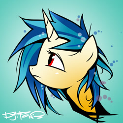 Size: 1440x1440 | Tagged: safe, alternate version, artist:yikomega, dj pon-3, vinyl scratch, pony, unicorn, g4, bubble, bust, cd cover, female, frown, gradient background, horn, looking up, mare, messy mane, missing accessory, no glasses, photoshop, portrait, red eyes, sad, solo, wrong eye color, yellow