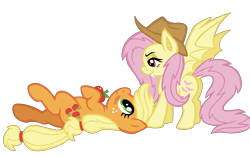 Size: 2183x1382 | Tagged: safe, alternate version, artist:catponything, applejack, fluttershy, bat pony, earth pony, g4, accessory swap, apple, bat ponified, blushing, duo, duo female, female, flutterbat, food, hatless, lesbian, looking at each other, looking at someone, lying down, mare, missing accessory, night, on back, outdoors, race swap, ship:appleshy, shipping, simple background, spread wings, standing, transparent background, wings