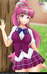 Size: 631x1000 | Tagged: safe, artist:clouddg, sour sweet, human, equestria girls, g4, bangs, bowtie, breasts, clothes, crystal prep academy uniform, eyeshadow, female, freckles, green eyeshadow, human coloration, legs, legs together, makeup, pleated skirt, school uniform, short sleeves, skirt, tree, uniform