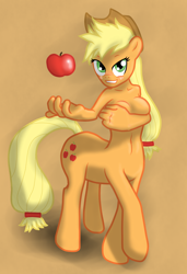 Size: 1400x2048 | Tagged: safe, artist:sharpy, applejack, centaur, anthro, taur, g4, anthro centaur, apple, applejack's hat, breasts, centaurified, covering, covering breasts, cowboy hat, food, hat, raised hoof, species swap