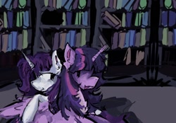 Size: 804x558 | Tagged: safe, artist:nightskyees, rarity, twilight sparkle, alicorn, pony, unicorn, g4, blue eyes, duo, duo female, female, horn, indoors, library, looking at each other, looking at someone, purple coat, purple eyes, purple mane, smiling, smiling at each other, twilight sparkle (alicorn), white coat