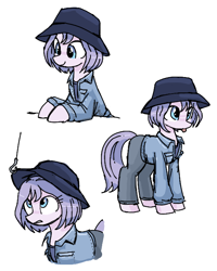 Size: 544x679 | Tagged: safe, artist:plunger, oc, oc only, :p, clothes, female, fishing hook, hat, hook, jacket, mare, pants, simple background, tongue out, white background