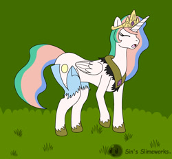 Size: 2084x1932 | Tagged: safe, artist:sin-r, princess celestia, alicorn, human, pony, g4, clothes, crown, denim, eyes closed, high res, hoof shoes, human to pony, jeans, jewelry, open mouth, outdoors, pants, peytral, regalia, solo, transformation, transformation sequence, transforming clothes, transgender transformation