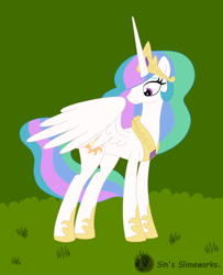 Size: 1948x2396 | Tagged: safe, artist:sin-r, princess celestia, alicorn, pony, g4, concave belly, crown, female, high res, hoof shoes, human to pony, jewelry, outdoors, peytral, regalia, slender, solo, spread wings, surprised, thin, transformation, transformation sequence, wings