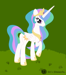 Size: 2072x2332 | Tagged: safe, artist:sin-r, princess celestia, alicorn, pony, g4, butt, concave belly, crown, female, high res, hoof shoes, human to pony, jewelry, looking at you, mare, outdoors, peytral, plot, raised hoof, regalia, slender, solo, thin, transformation, transformation sequence