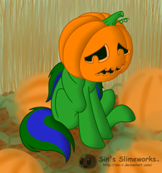 Size: 781x831 | Tagged: safe, artist:sin-r, oc, oc only, oc:northern, pony, female, halloween, holiday, implied transformation, mare, pumpkin, pumpkin head, pumpkin patch, sad, scratching, sitting, solo