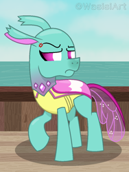 Size: 768x1024 | Tagged: safe, alternate version, artist:wasisi, spiracle, changedling, changeling, g4, alternate universe, angry, ocean, outdoors, ship, solo, unamused, water