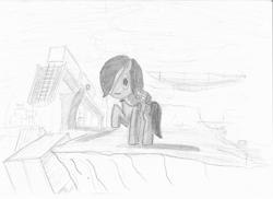 Size: 2338x1700 | Tagged: safe, artist:alexandrvirus, oc, oc only, pony, fallout equestria, :|, grayscale, hair over one eye, minigun, monochrome, raised hoof, scenery, solo, traditional art