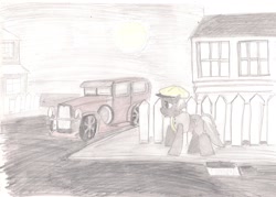 Size: 2200x1575 | Tagged: safe, artist:alexandrvirus, oc, oc only, earth pony, pony, 1920s, cap, car, clothes, hat, mechanic, outdoors, solo, street, sun, town, traditional art