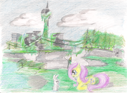 Size: 2108x1548 | Tagged: safe, artist:alexandrvirus, angel bunny, fluttershy, pony, rabbit, g4, animal, city, cn tower, colored pencil drawing, female, lying down, mare, outdoors, overgrown, post-apocalyptic, prone, scenery, smiling, traditional art