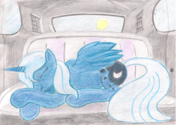 Size: 2196x1560 | Tagged: safe, artist:alexandrvirus, princess luna, alicorn, pony, g4, car interior, colored pencil drawing, female, mare, s1 luna, sleeping, smiling, solo, sun, traditional art