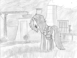 Size: 1920x1440 | Tagged: safe, artist:alexandrvirus, oc, oc only, pony, fallout equestria, angry, bag, cooling tower, crane, outdoors, solo, traditional art