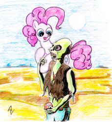 Size: 1456x1592 | Tagged: safe, artist:alexandrvirus, pinkie pie, oc, earth pony, pony, undead, zombie, g4, desert, duo, female, holding a pony, mare, open mouth, outdoors, smiling, sun, traditional art