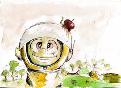 Size: 2338x1700 | Tagged: safe, artist:alexandrvirus, oc, oc only, pony, apple, apple orchard, bust, food, grin, insanity, looking at you, orchard, outdoors, portrait, scenery, smiling, solo, spacesuit, traditional art, watercolor painting