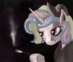 Size: 2262x1923 | Tagged: safe, artist:alexandrvirus, princess cadance, pony, g4, bust, cigarette, cigarette holder, clothes, discorded, female, hat, high res, hoof hold, horn, mare, portrait, solo