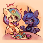 Size: 2018x1977 | Tagged: safe, artist:polnocnykot, princess celestia, princess luna, alicorn, pony, g4, angry, bib, blushing, breastplate, candy, crescent moon, crown, crumbs, cute, dialogue, donut, duo, duo female, ear fluff, female, foal, food, funny, gradient background, horn, jewelry, looking at each other, looking at someone, looking at you, mare, moon, one eye closed, plate, redraw, regalia, shrug, siblings, sisters, smiling, smiling at you, smirk, table, text, unshorn fetlocks