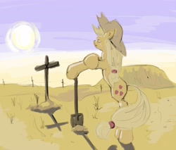 Size: 2262x1923 | Tagged: safe, artist:alexandrvirus, applejack, earth pony, pony, g4, applejack's hat, cowboy hat, desert, female, grave, hat, high res, leaving, mare, mesa, outdoors, power line, scenery, shovel, solo, sun