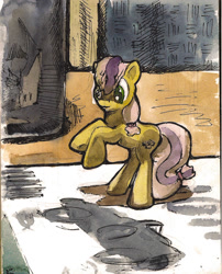 Size: 1108x1372 | Tagged: safe, artist:alexandrvirus, lavender fritter, earth pony, pony, g4, apple family member, female, mare, rearing, solo, toy, traditional art, watercolor painting