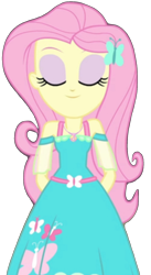 Size: 912x1662 | Tagged: safe, edit, edited screencap, editor:jacksontormbaymaz, screencap, fluttershy, human, equestria girls, fluttershy's butterflies, fluttershy's butterflies: applejack, g4, my little pony equestria girls: choose your own ending, arm behind back, armband, background removed, belt, butterfly hairpin, clothes, cutie mark accessory, cutie mark on clothes, dress, eyes closed, eyeshadow, female, fluttershy boho dress, geode of fauna, grin, hairclip, hands behind back, jewelry, magical geodes, makeup, necklace, simple background, sleeveless, sleeveless dress, smiling, solo, teenager, transparent background