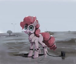 Size: 2529x2112 | Tagged: safe, artist:alexandrvirus, pinkie pie, pony, robot, robot pony, g4, charging, grin, high res, looking at you, open mouth, outdoors, parking lot, pinkie bot, roboticization, smiling, solo, stare