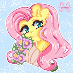 Size: 1280x1280 | Tagged: safe, artist:niveria25, fluttershy, pegasus, pony, g4, abstract background, bouquet, bust, cute, ear fluff, female, flower, mare, shyabetes, solo