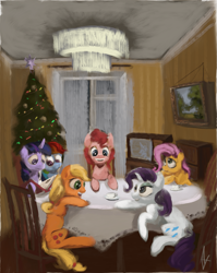 Size: 2019x2534 | Tagged: safe, artist:alexandrvirus, applejack, fluttershy, pinkie pie, princess celestia, rainbow dash, rarity, twilight sparkle, earth pony, pegasus, pony, unicorn, g4, book, chair, christmas, christmas tree, cup, female, grin, high res, holiday, horn, indoors, mane six, mare, new years eve, reading, sitting, smiling, soviet, table, teacup, television, tree